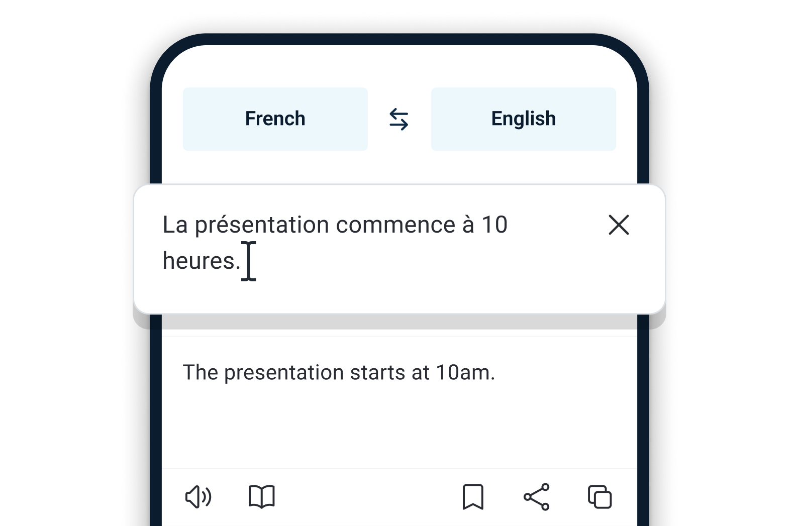 Smartphone no qual se pode ver a aplicação do DeepL com texto traduzido de francês para inglês