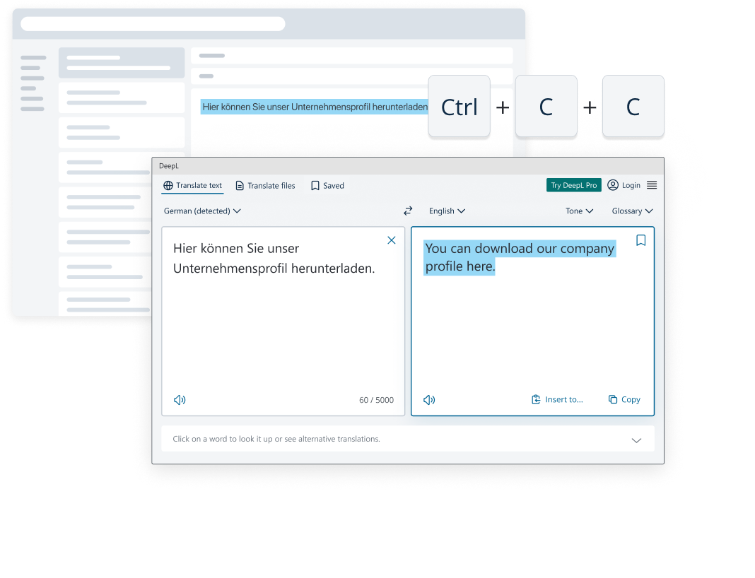 Una frase di un'e-mail tradotta con la combinazione di tasti Control+C+C nell'app di DeepL